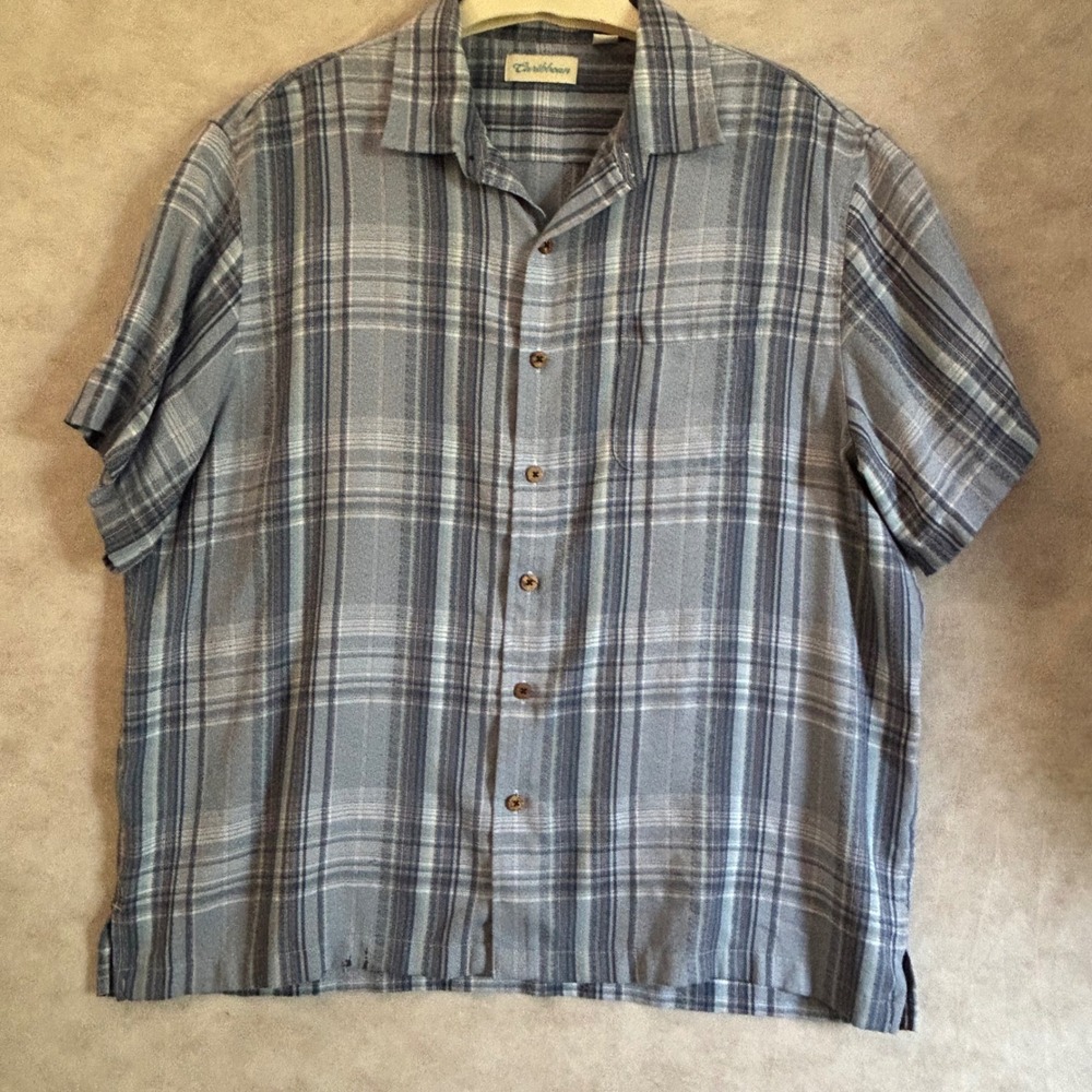 Caribbean Mens XXL Blue Plaid Modal Blend Short Sleeve Camp Shirt RN 58909